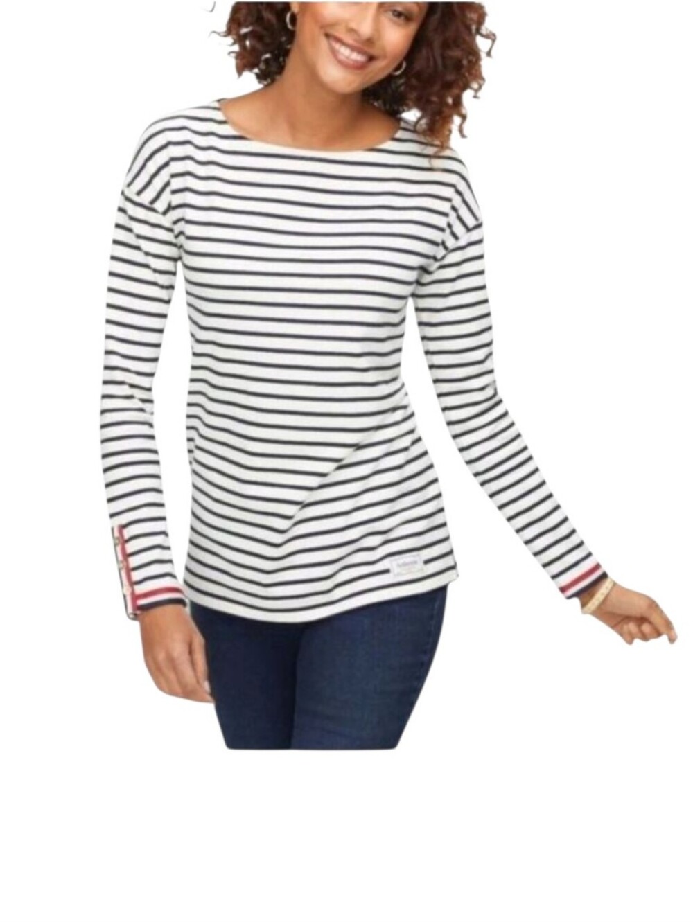 Talbots Petite Striped Rhone Tee SP Navy White Bateau Neck Long Sleeve Cotton